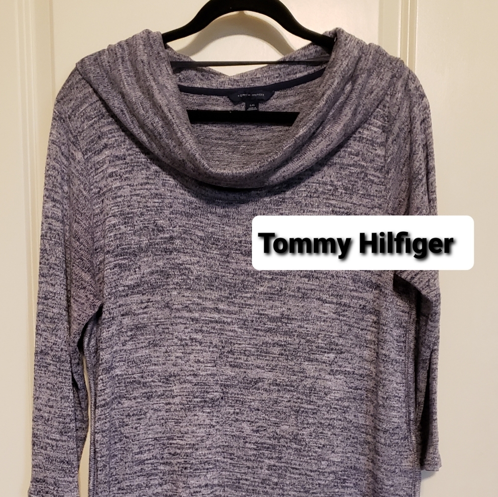 A gray tunic from Tommy Hilfiger, size large, with a length of 31 inches.